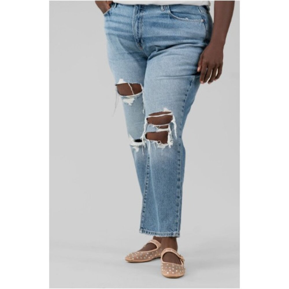 Good American Medium Wash Good Boy Straight Distressed Blue Denim Jeans, Size 6